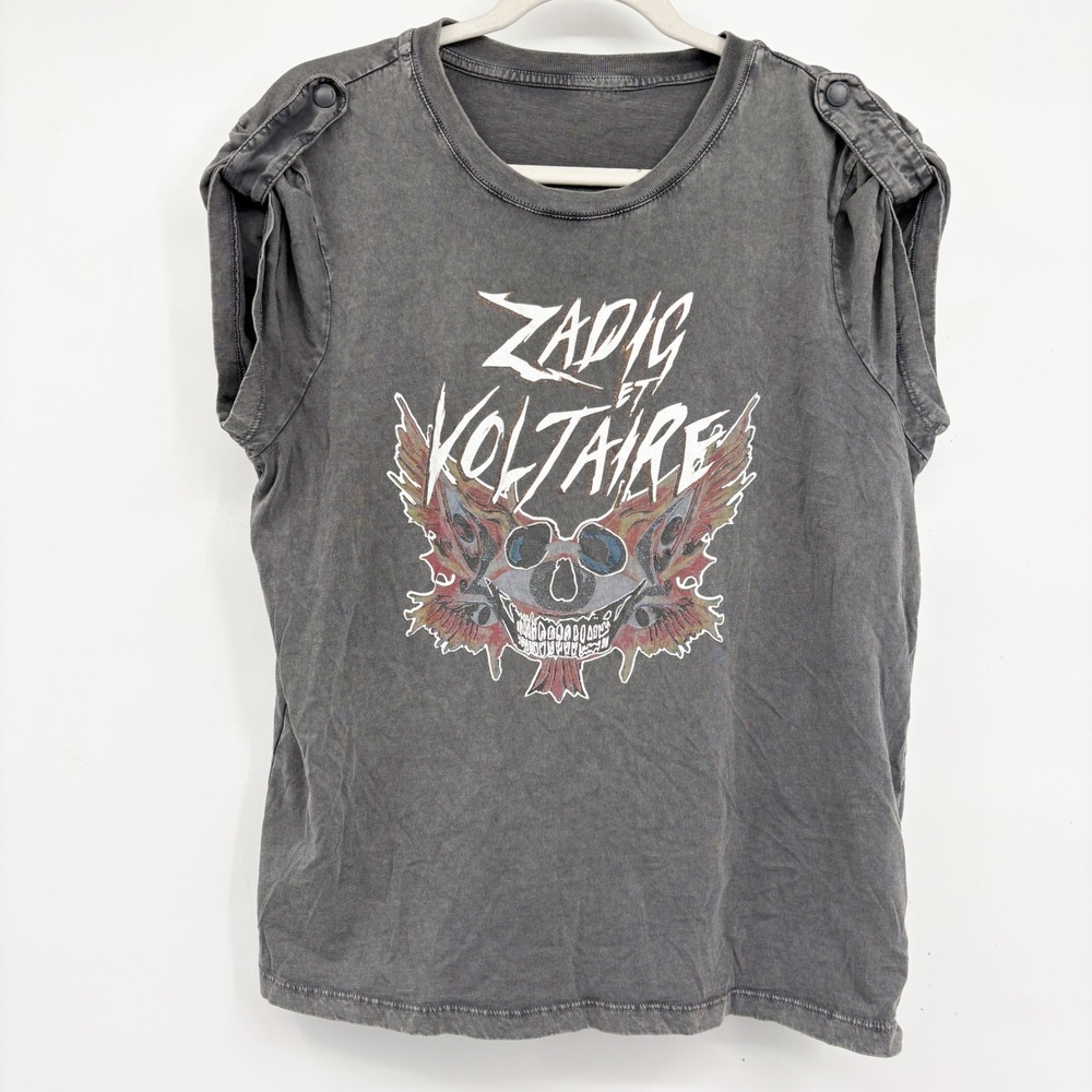 Zadig & Voltaire Womens Faded Grey Skull Graphic Grunge Punk Rocker Muscle Tee M